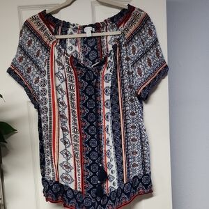 Chic Women's Blouse with Navy and Red Accents